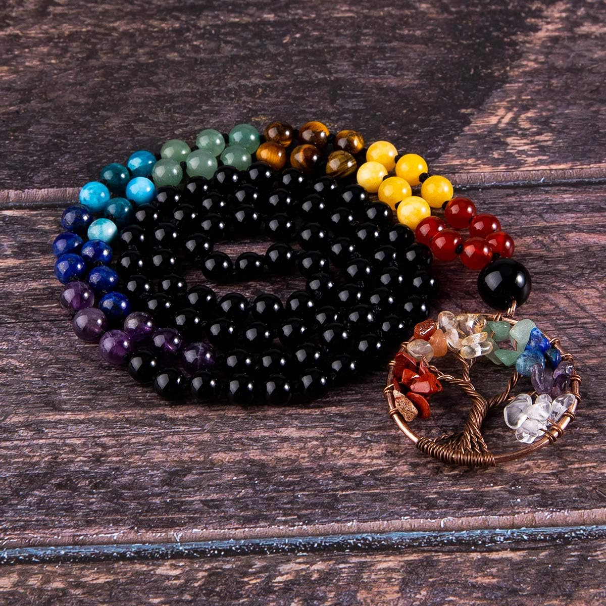 108 Mala Beads Necklace Life Tree 7 Chakra Wrap Bracelet Real Healing Gemstone Yoga Meditation Hand Knotted Mala Prayer Bead Necklace