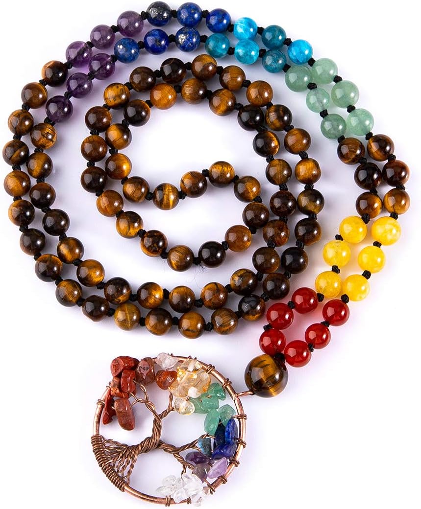 108 Mala Beads Necklace Life Tree 7 Chakra Wrap Bracelet Real Healing Gemstone Yoga Meditation Hand Knotted Mala Prayer Bead Necklace