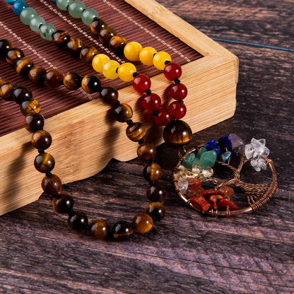 108 Mala Beads Necklace Life Tree 7 Chakra Wrap Bracelet Real Healing Gemstone Yoga Meditation Hand Knotted Mala Prayer Bead Necklace