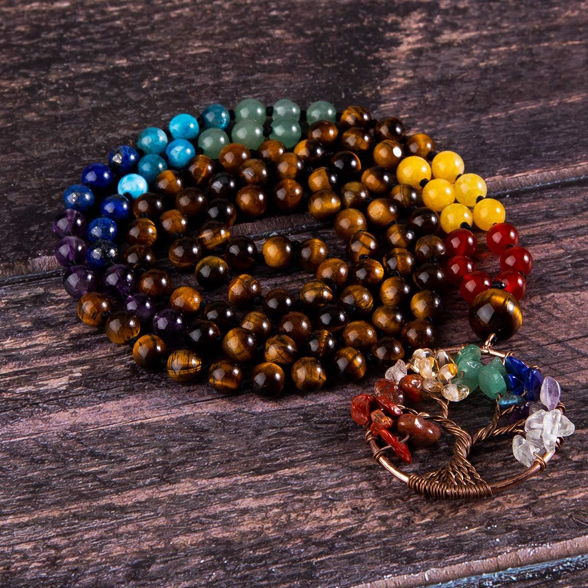 108 Mala Beads Necklace Life Tree 7 Chakra Wrap Bracelet Real Healing Gemstone Yoga Meditation Hand Knotted Mala Prayer Bead Necklace