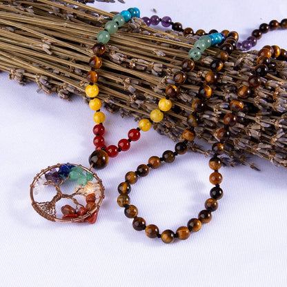 108 Mala Beads Necklace Life Tree 7 Chakra Wrap Bracelet Real Healing Gemstone Yoga Meditation Hand Knotted Mala Prayer Bead Necklace