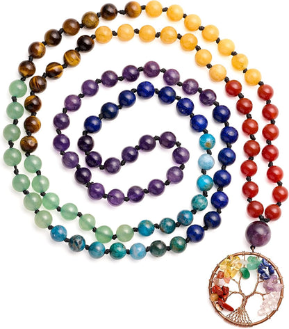 108 Mala Beads Necklace Life Tree 7 Chakra Wrap Bracelet Real Healing Gemstone Yoga Meditation Hand Knotted Mala Prayer Bead Necklace