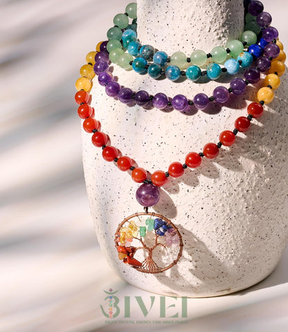 108 Mala Beads Necklace Life Tree 7 Chakra Wrap Bracelet Real Healing Gemstone Yoga Meditation Hand Knotted Mala Prayer Bead Necklace