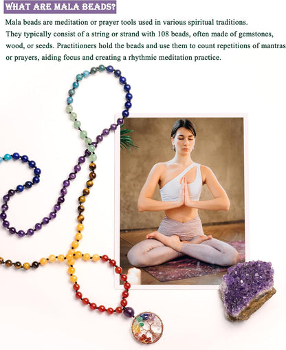 108 Mala Beads Necklace Life Tree 7 Chakra Wrap Bracelet Real Healing Gemstone Yoga Meditation Hand Knotted Mala Prayer Bead Necklace
