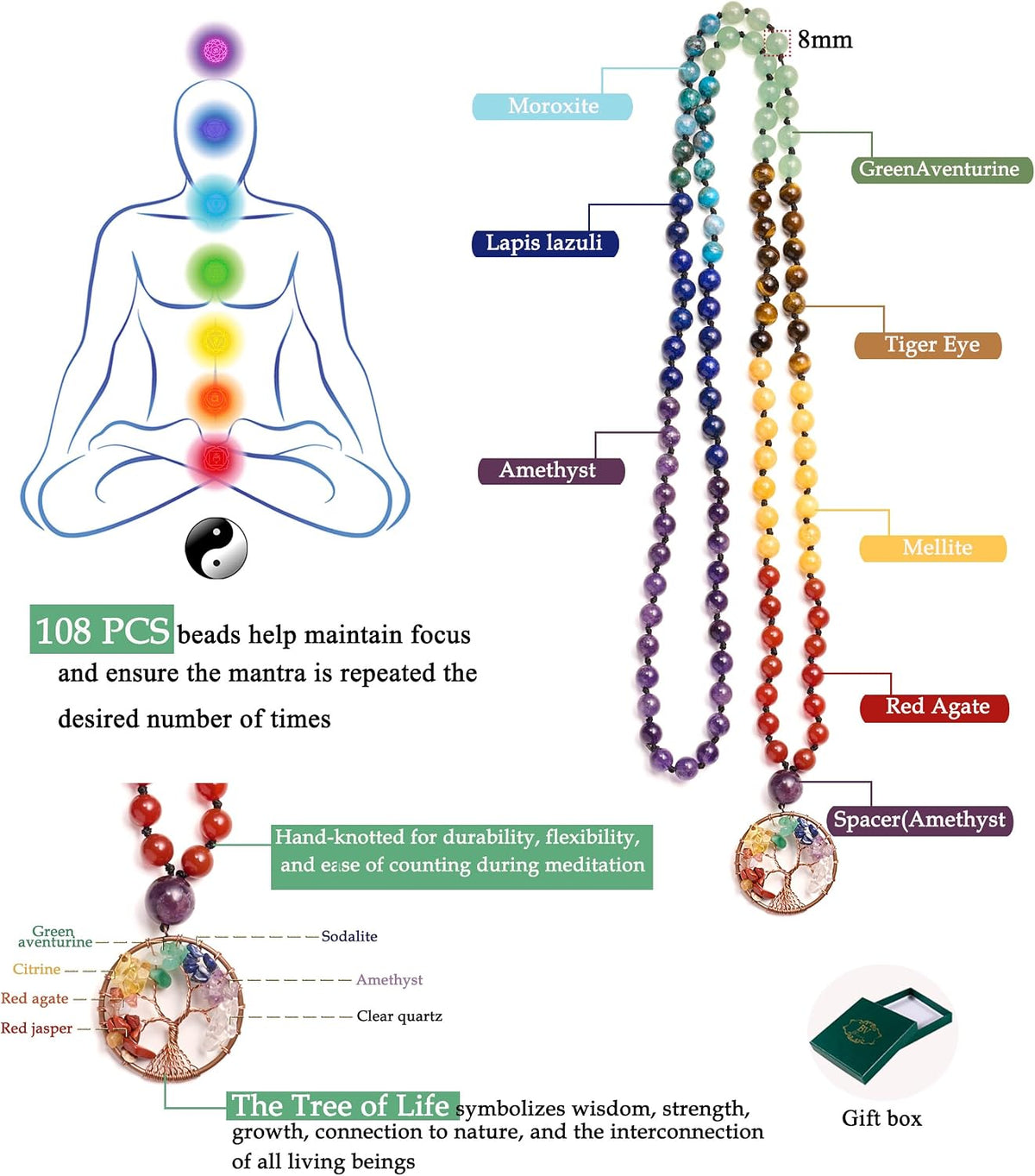 108 Mala Beads Necklace Life Tree 7 Chakra Wrap Bracelet Real Healing Gemstone Yoga Meditation Hand Knotted Mala Prayer Bead Necklace