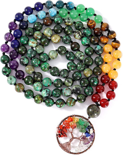 108 Mala Beads Necklace Life Tree 7 Chakra Wrap Bracelet Real Healing Gemstone Yoga Meditation Hand Knotted Mala Prayer Bead Necklace