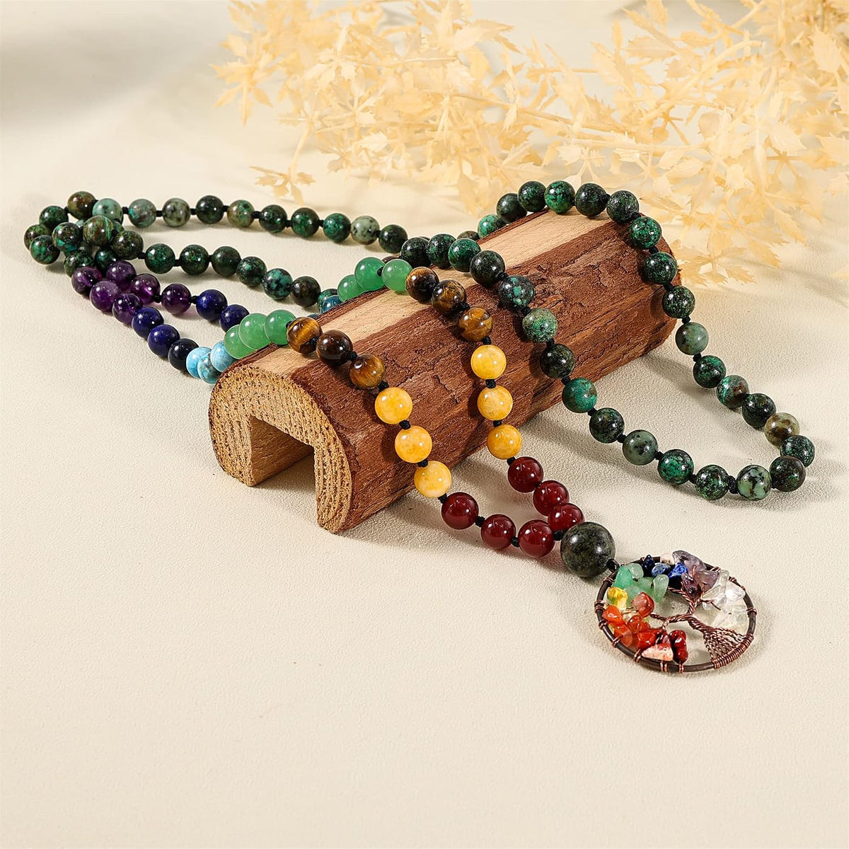 108 Mala Beads Necklace Life Tree 7 Chakra Wrap Bracelet Real Healing Gemstone Yoga Meditation Hand Knotted Mala Prayer Bead Necklace