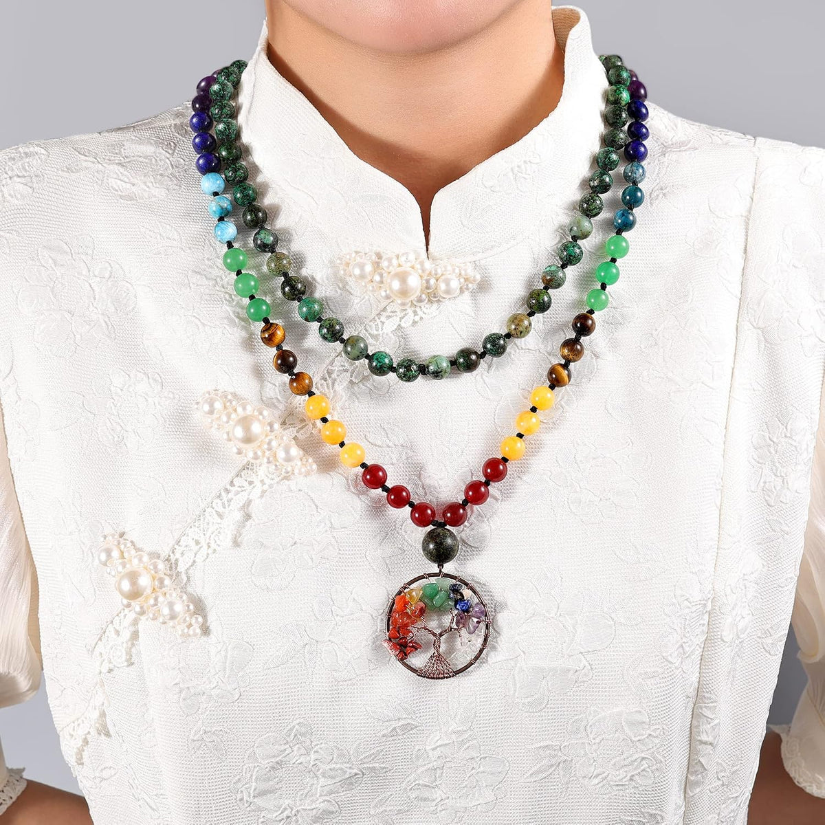 108 Mala Beads Necklace Life Tree 7 Chakra Wrap Bracelet Real Healing Gemstone Yoga Meditation Hand Knotted Mala Prayer Bead Necklace
