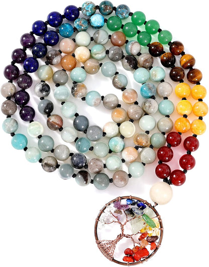 108 Mala Beads Necklace Life Tree 7 Chakra Wrap Bracelet Real Healing Gemstone Yoga Meditation Hand Knotted Mala Prayer Bead Necklace