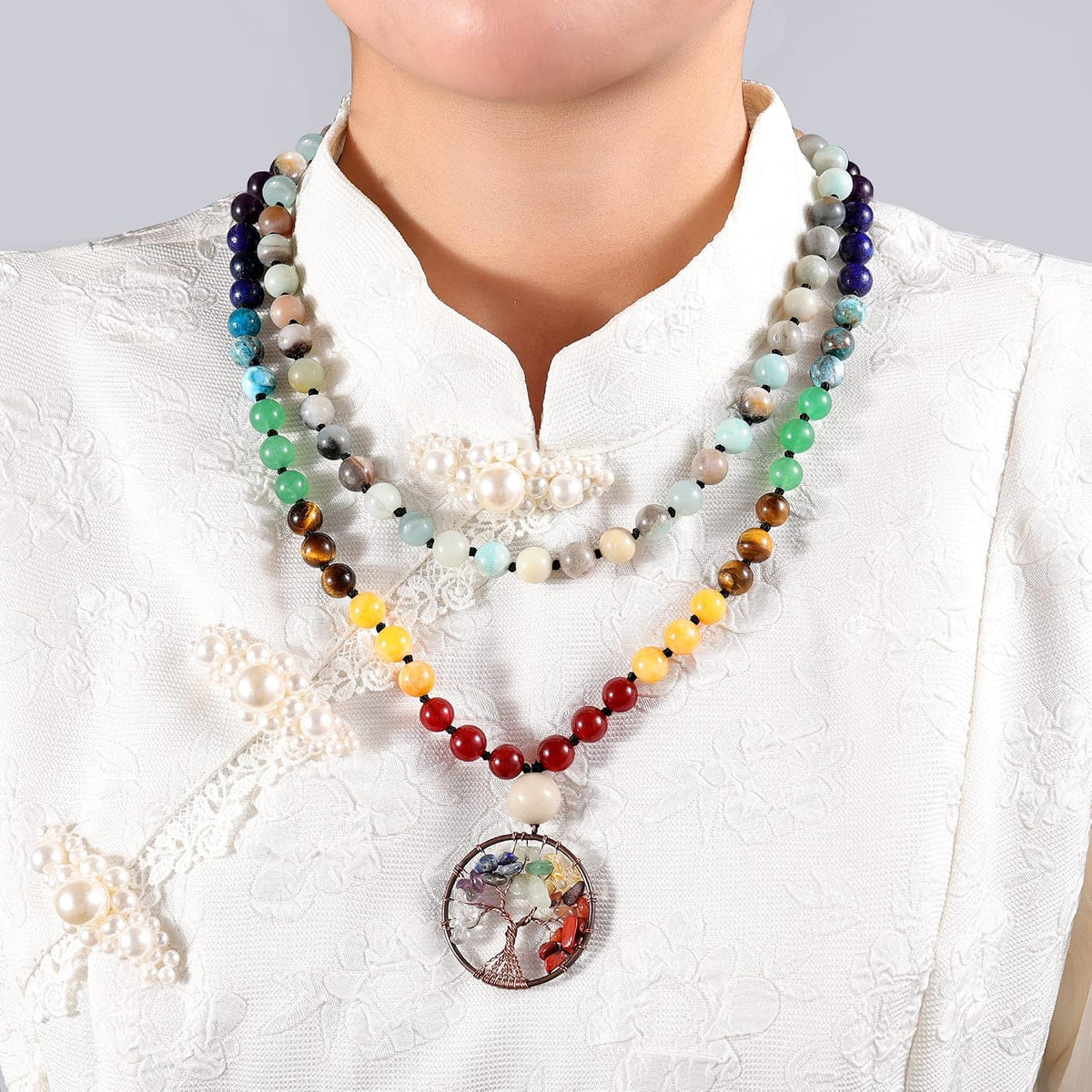 108 Mala Beads Necklace Life Tree 7 Chakra Wrap Bracelet Real Healing Gemstone Yoga Meditation Hand Knotted Mala Prayer Bead Necklace