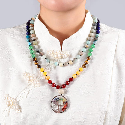 108 Mala Beads Necklace Life Tree 7 Chakra Wrap Bracelet Real Healing Gemstone Yoga Meditation Hand Knotted Mala Prayer Bead Necklace