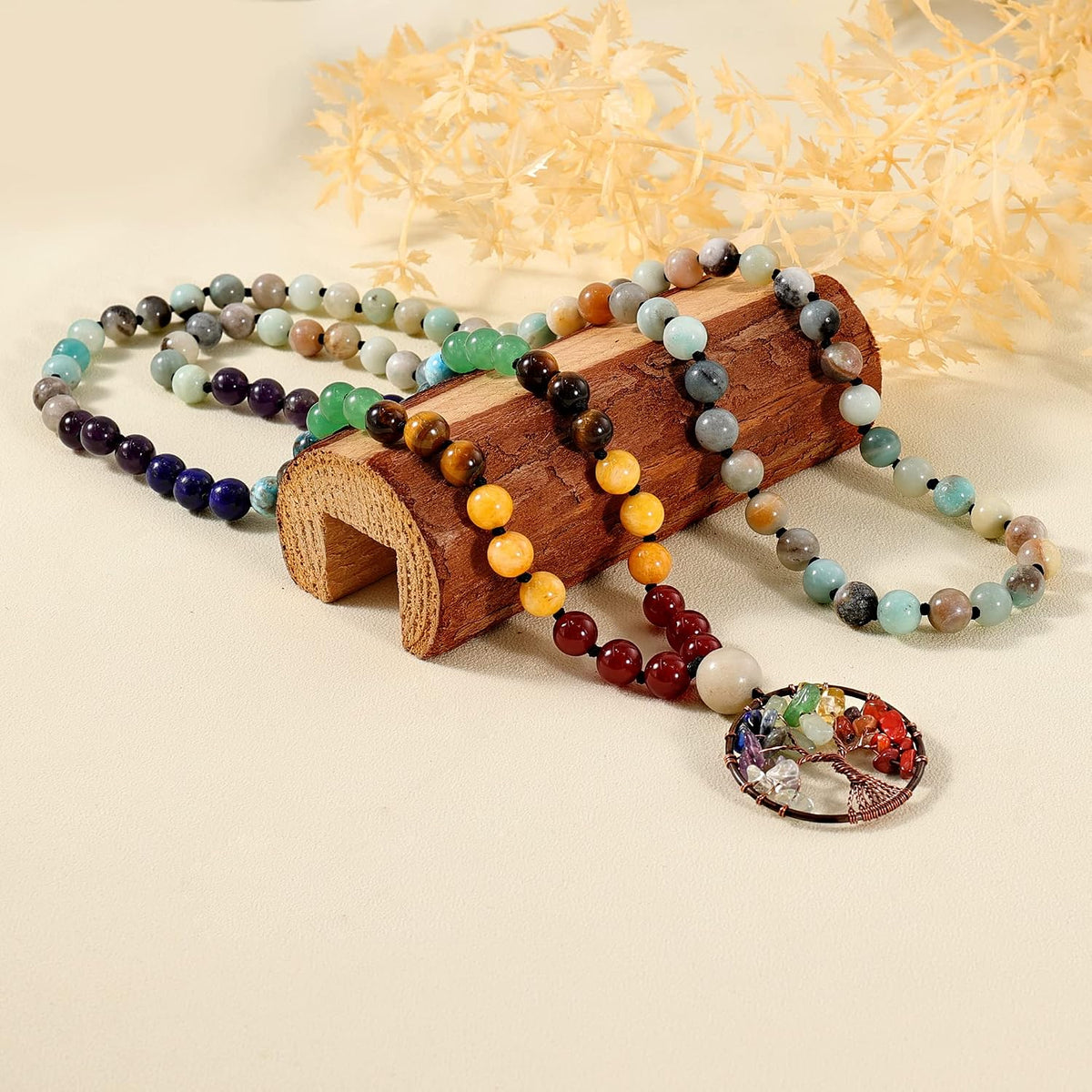 108 Mala Beads Necklace Life Tree 7 Chakra Wrap Bracelet Real Healing Gemstone Yoga Meditation Hand Knotted Mala Prayer Bead Necklace