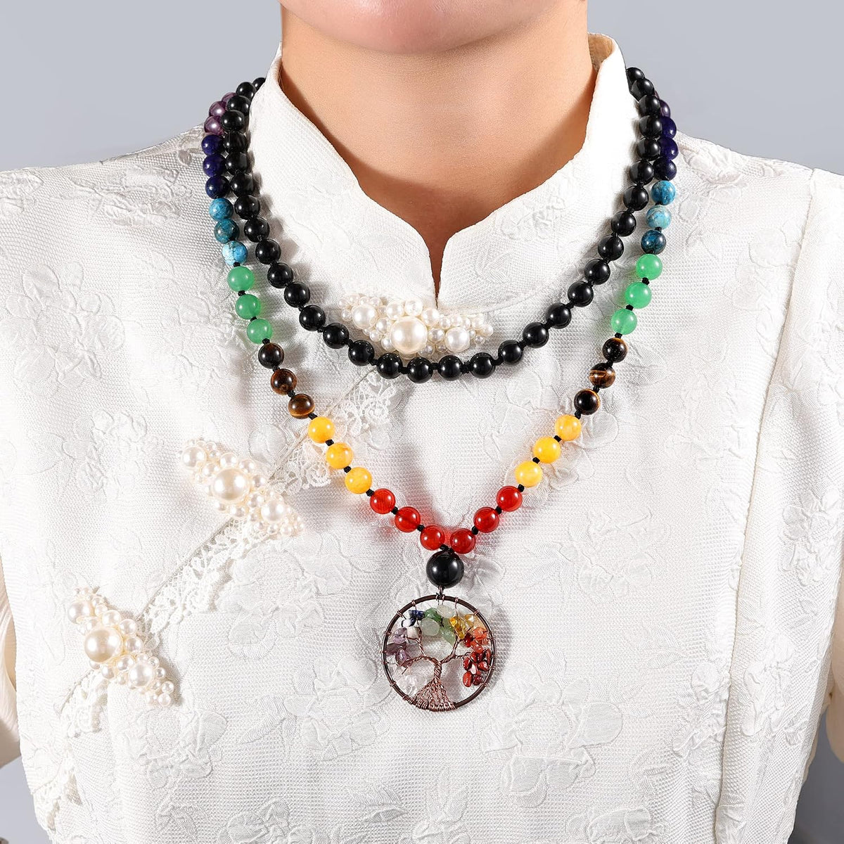 108 Mala Beads Necklace Life Tree 7 Chakra Wrap Bracelet Real Healing Gemstone Yoga Meditation Hand Knotted Mala Prayer Bead Necklace