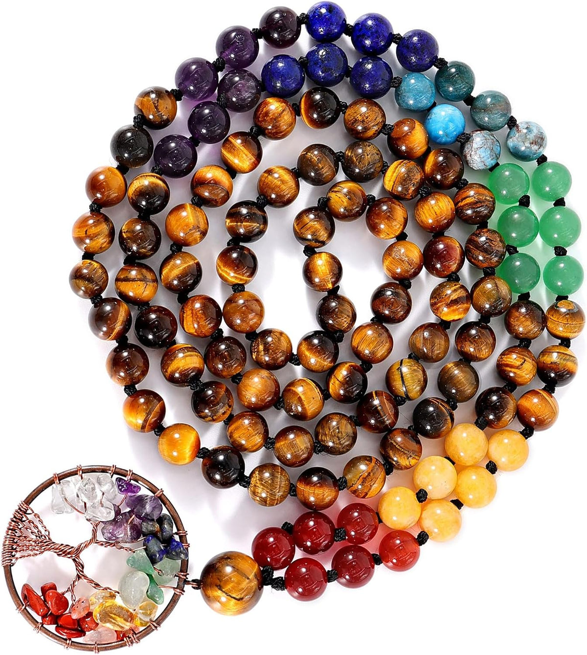 108 Mala Beads Necklace Life Tree 7 Chakra Wrap Bracelet Real Healing Gemstone Yoga Meditation Hand Knotted Mala Prayer Bead Necklace