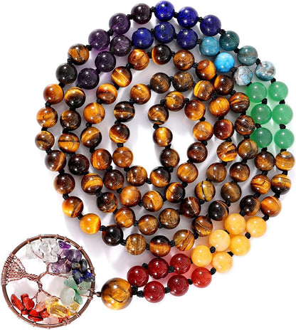 108 Mala Beads Necklace Life Tree 7 Chakra Wrap Bracelet Real Healing Gemstone Yoga Meditation Hand Knotted Mala Prayer Bead Necklace