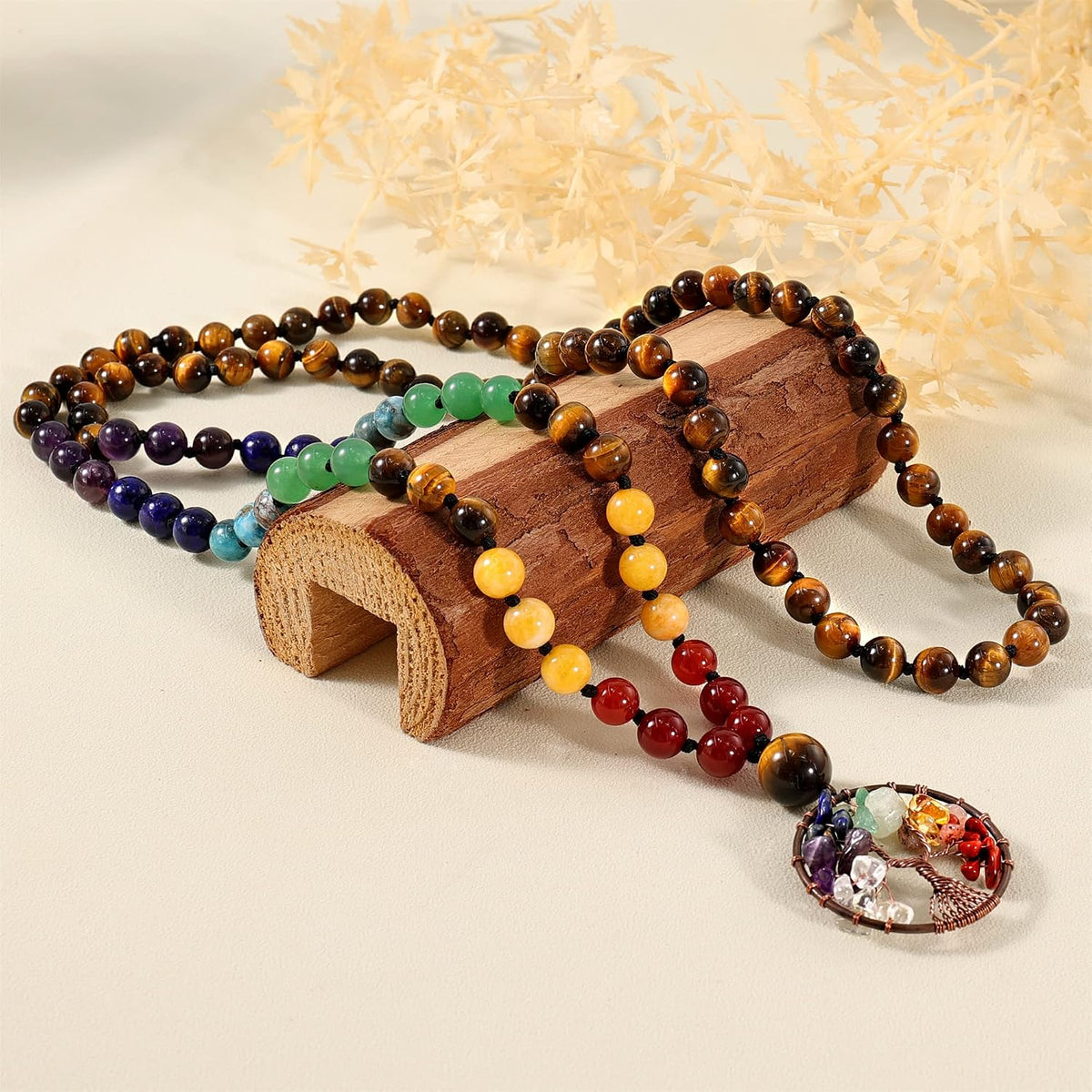 108 Mala Beads Necklace Life Tree 7 Chakra Wrap Bracelet Real Healing Gemstone Yoga Meditation Hand Knotted Mala Prayer Bead Necklace