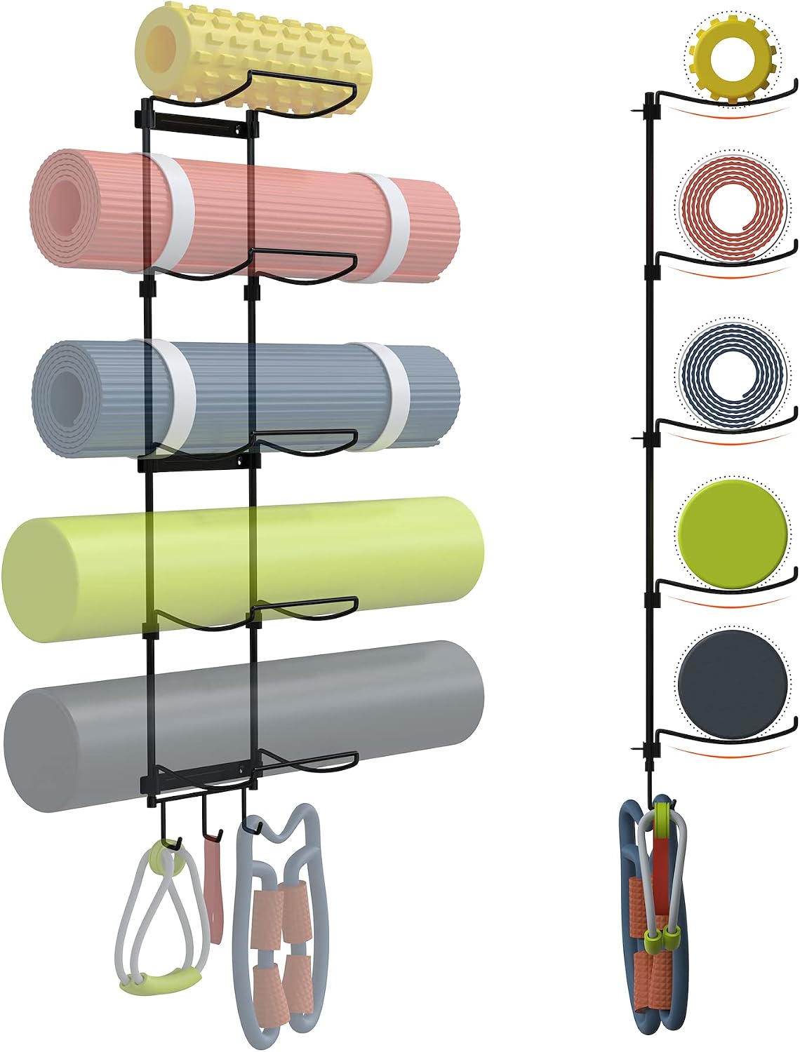 Yoga Mat Holder Wall Mount, Wall Rack Organizer, Storage Foam Roller and Block, with 5 Sectional and 3 Hooks for Hanging Yoga Strap, Resistance Bands at Fitness Class or Home Gym, Decor(Black)