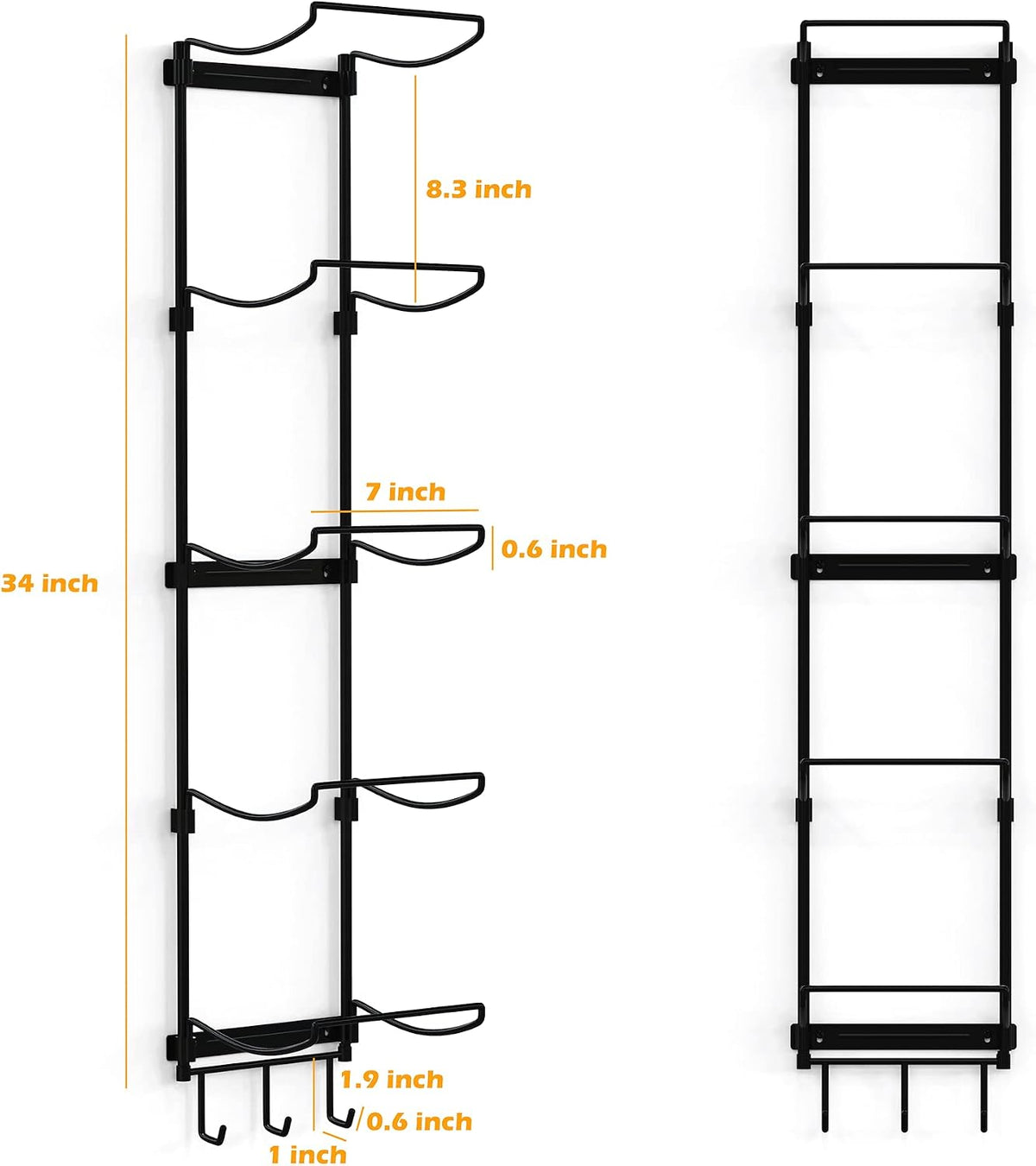 Yoga Mat Holder Wall Mount, Wall Rack Organizer, Storage Foam Roller and Block, with 5 Sectional and 3 Hooks for Hanging Yoga Strap, Resistance Bands at Fitness Class or Home Gym, Decor(Black)