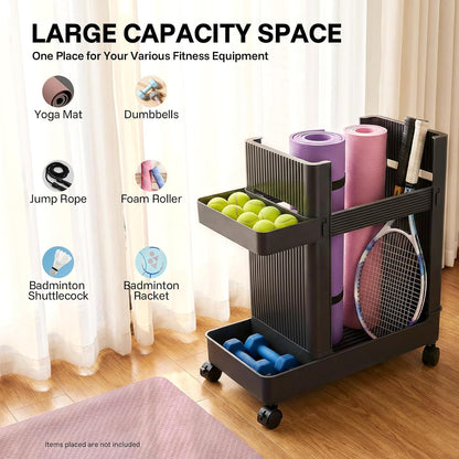 Home Gym Storage Yoga Mat Storage Rack with Wheels Workout Equipment Storage Cart for Home Gym School Supplies