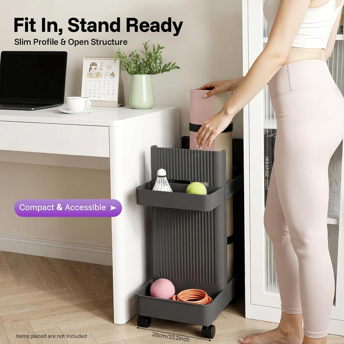 Home Gym Storage Yoga Mat Storage Rack with Wheels Workout Equipment Storage Cart for Home Gym School Supplies