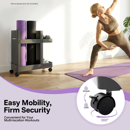 Home Gym Storage Yoga Mat Storage Rack with Wheels Workout Equipment Storage Cart for Home Gym School Supplies