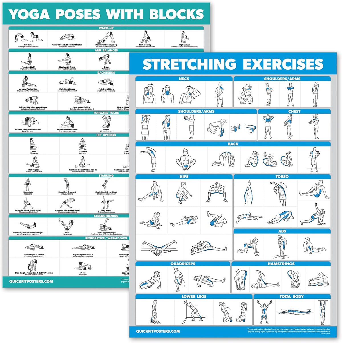 2 Pack - Yoga Block Poses + Stretching Exercise Poster Set - Yoga Positions with Blocks Chart - Set of Two Fitness Charts