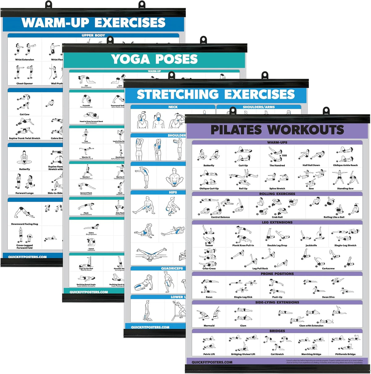 4 Pack - Warm Up + Yoga + Stretching + Pilates - Set of 4 Workout Charts (Laminated with Plastic Frame, 18'' x 24'')