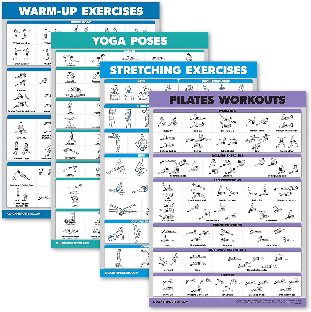 4 Pack - Warm Up + Yoga + Stretching + Pilates - Set of 4 Workout Charts (Laminated with Plastic Frame, 18'' x 24'')