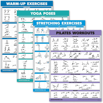 4 Pack - Warm Up + Yoga + Stretching + Pilates - Set of 4 Workout Charts (Laminated with Plastic Frame, 18'' x 24'')