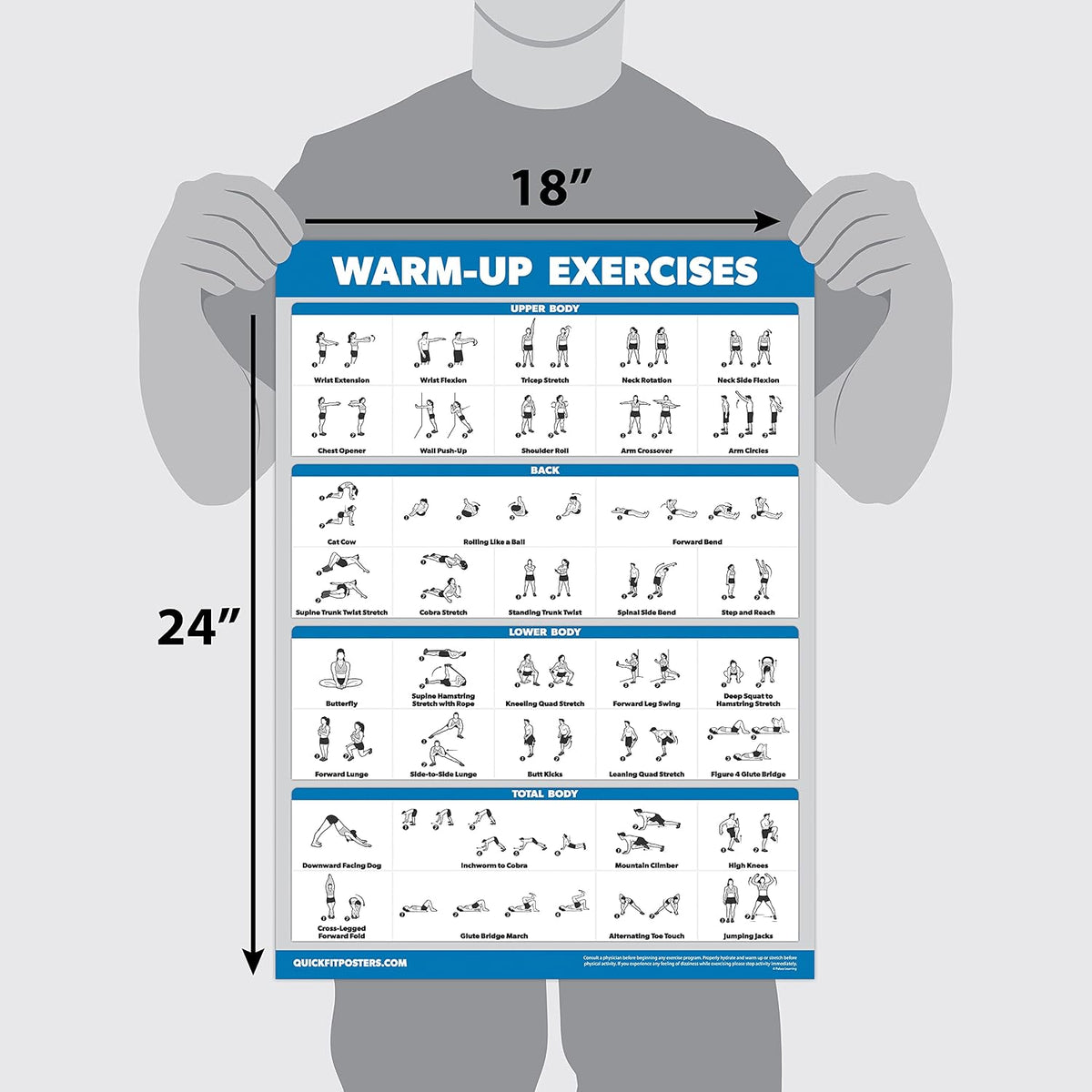 4 Pack - Warm Up + Yoga + Stretching + Pilates - Set of 4 Workout Charts (Laminated with Plastic Frame, 18'' x 24'')