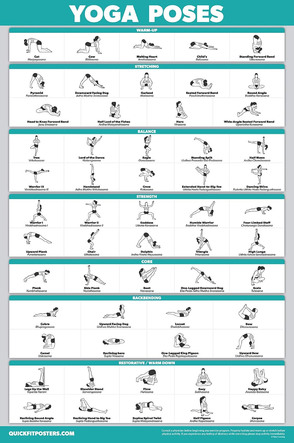 4 Pack - Warm Up + Yoga + Stretching + Pilates - Set of 4 Workout Charts (Laminated with Plastic Frame, 18'' x 24'')
