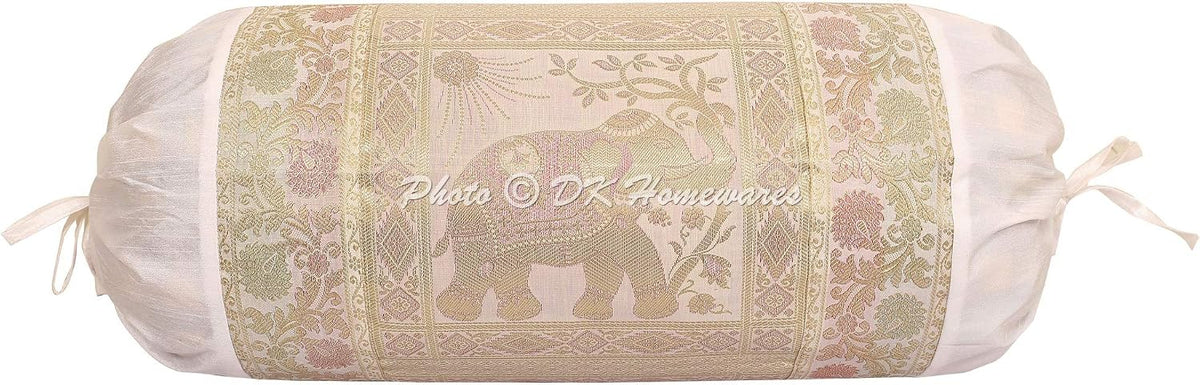 Indian Jacquard Brocade Silk Bolster Yoga Rectangular Pillowcase Cover Elephant White Tubular Home Decor Living Room Cylindrical Hotdog Traditional Throw Cushion Cover 76x38 cm - 1 Pc