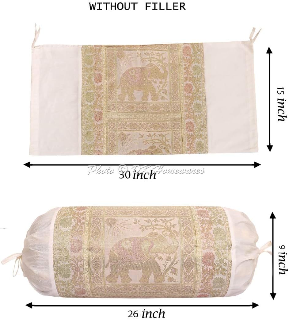 Indian Jacquard Brocade Silk Bolster Yoga Rectangular Pillowcase Cover Elephant White Tubular Home Decor Living Room Cylindrical Hotdog Traditional Throw Cushion Cover 76x38 cm - 1 Pc