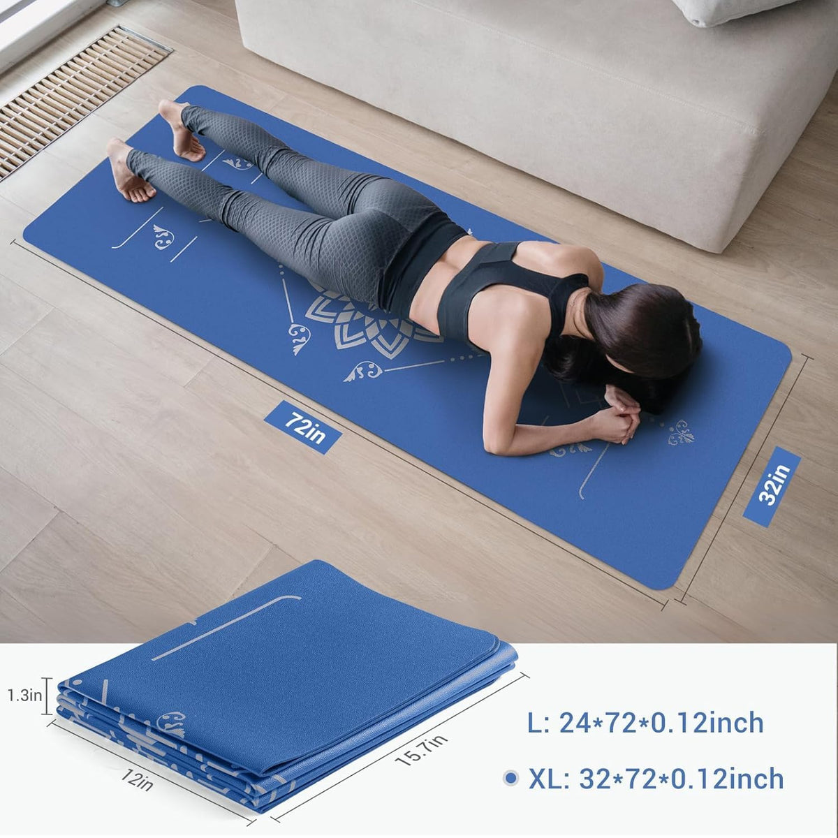 Yoga Mat Foldable - Textured Non Slip Exercise Mat -Travel Lightweight Hot Yoga Mat with Carry Bag for Pilates & Home Workouts (72"L x 32"W x 3mm Thick)