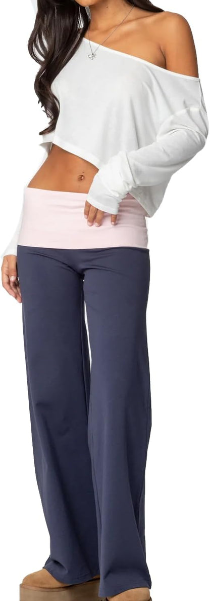 Women Y2k Fold Over Yoga Pants Colour Block Straight Leg Bottoms Low Rise Stretchy Lounge Trousers