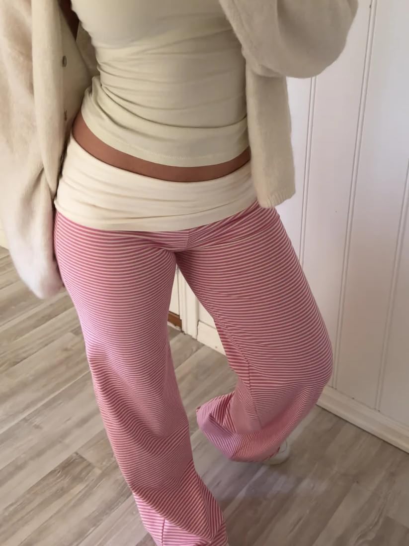 Women Y2k Fold Over Yoga Pants Colour Block Straight Leg Bottoms Low Rise Stretchy Lounge Trousers