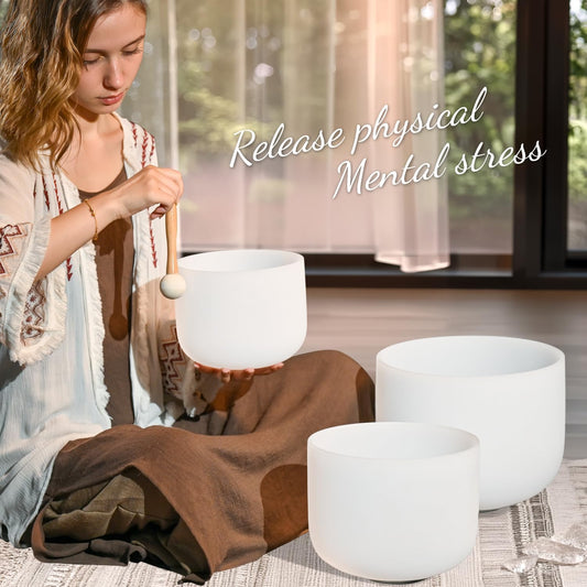 CRYSTAL SINGING BOWLS SET of 3 440HZ 7" G 9" E and 11" C