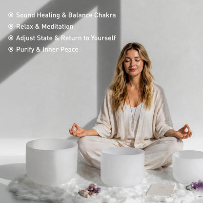 CRYSTAL SINGING BOWLS SET of 3 440HZ 7" G 9" E and 11" C