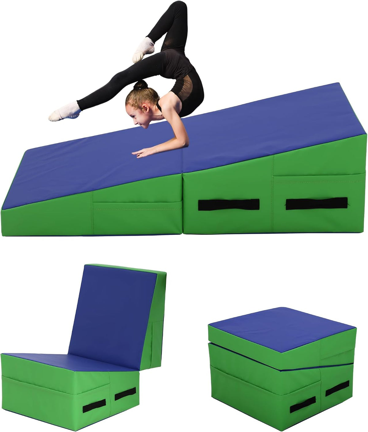 Incline Gymnastics Mat 48x24 Inch, Folding Cheese Wedge Tumbling Mat with Non-Slip PVC Surface & Handles, Portable Indoor/Outdoor Exercise Practice Mat for Kids Adults Home Gym Cheerleading Training