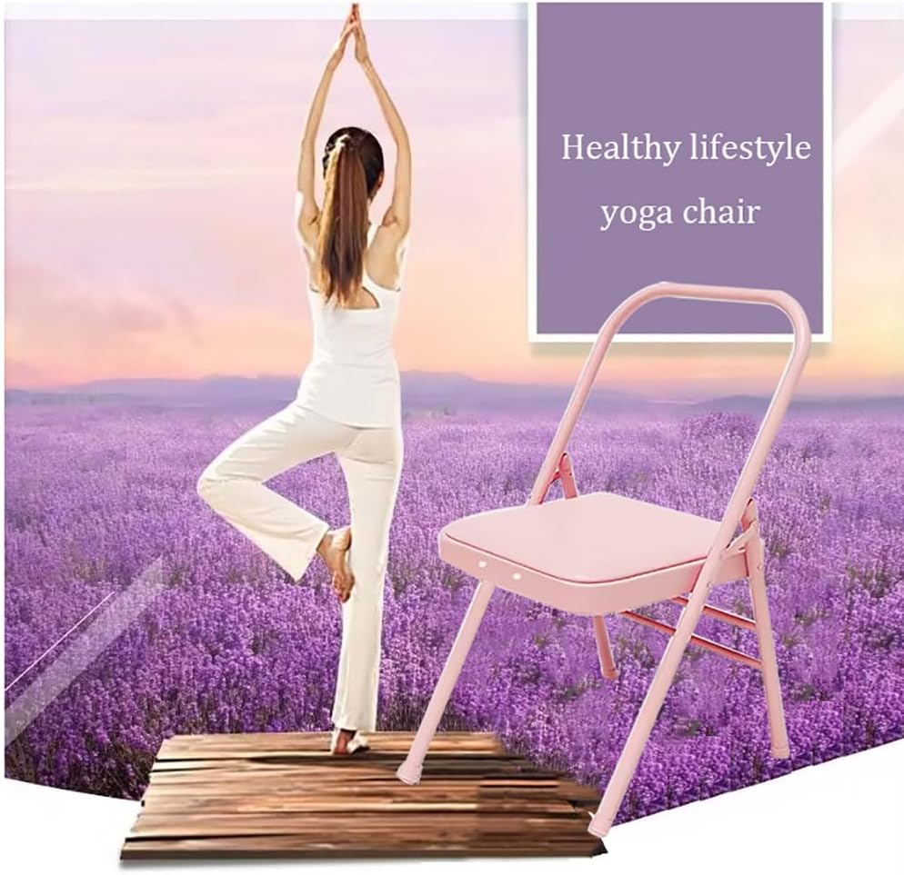 Yoga Chair Iyengar,Yoga Auxiliary Foldable Chair with Lumbar Back Support BalanceYoga Equipment Metal Folding Chair Balance Handstand Training Tool,Pink- 45 * 41 * 82.5CM