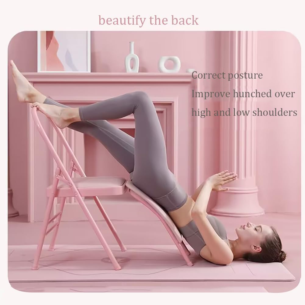 Yoga Chair Iyengar,Yoga Auxiliary Foldable Chair with Lumbar Back Support BalanceYoga Equipment Metal Folding Chair Balance Handstand Training Tool,Pink- 45 * 41 * 82.5CM