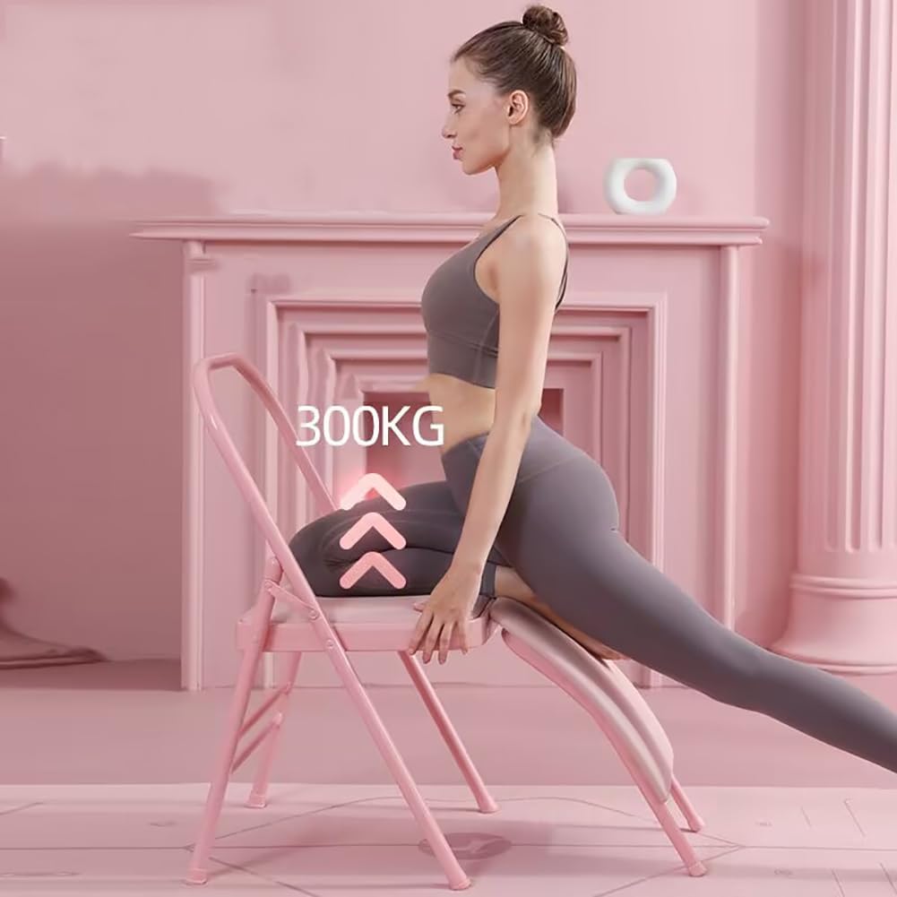 Yoga Chair Iyengar,Yoga Auxiliary Foldable Chair with Lumbar Back Support BalanceYoga Equipment Metal Folding Chair Balance Handstand Training Tool,Pink- 45 * 41 * 82.5CM