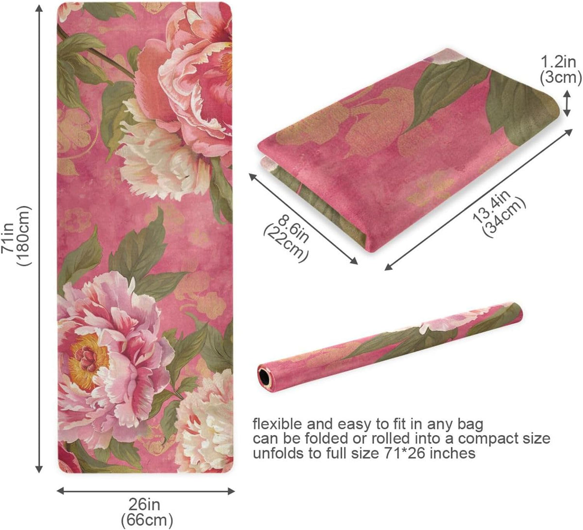 Peony Chinoiserie Flower Pink printed yoga mat thin For hot yoga, natural rubber non slip, with yoga bag for mat tapete para ejercicio 71x26 inches