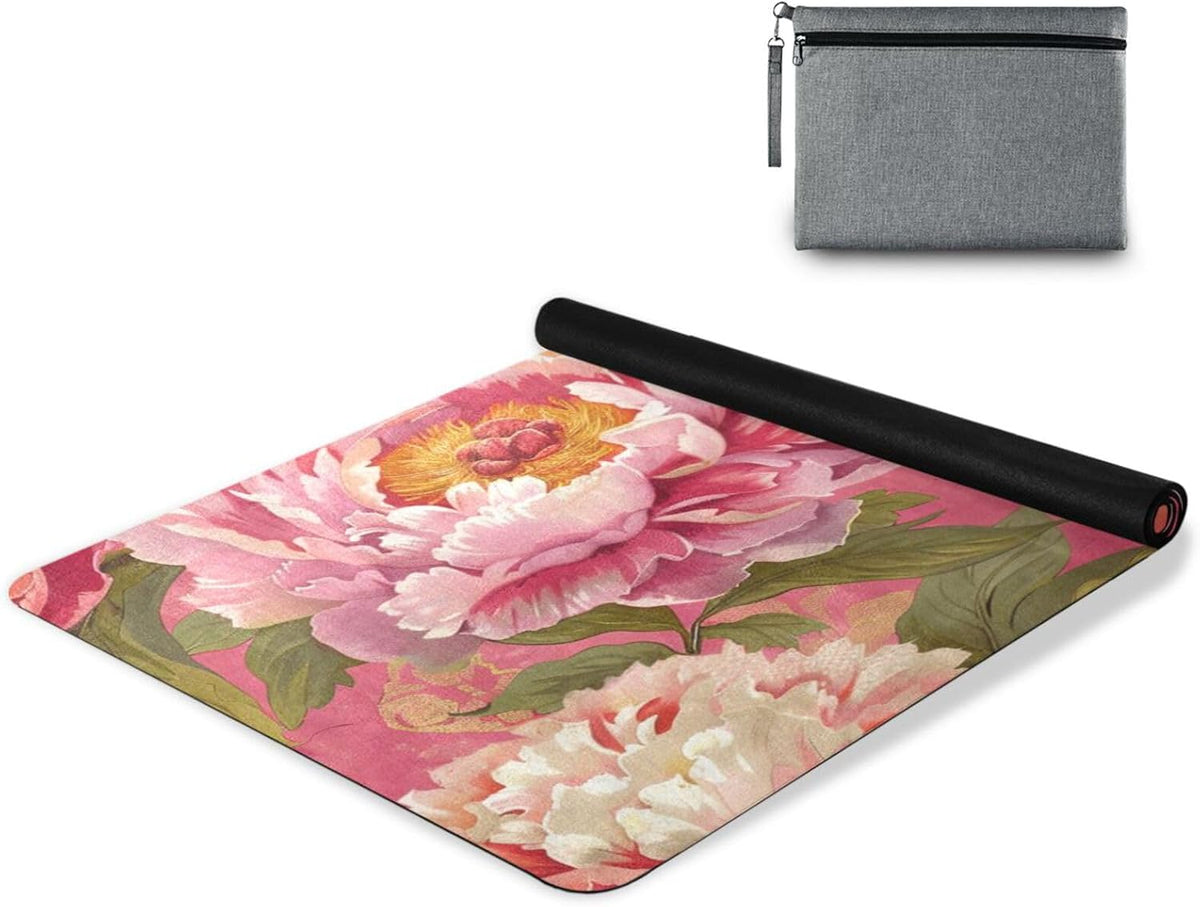 Peony Chinoiserie Flower Pink printed yoga mat thin For hot yoga, natural rubber non slip, with yoga bag for mat tapete para ejercicio 71x26 inches