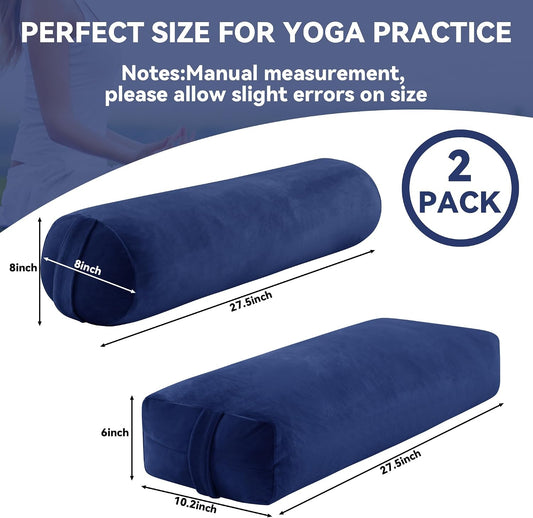 2 Pcs Yoga Bolster Pillow for Restorative Yoga, Rectangular and Cylinder Meditation Pillow Set with Carrying Handles, Supportive Cushion for Exercise Workout Stretching Meditation,Dark Blue