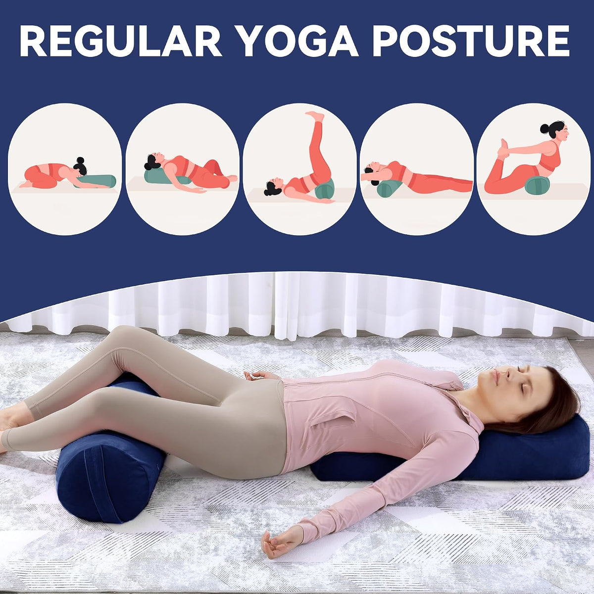 2 Pcs Yoga Bolster Pillow for Restorative Yoga, Rectangular and Cylinder Meditation Pillow Set with Carrying Handles, Supportive Cushion for Exercise Workout Stretching Meditation,Dark Blue