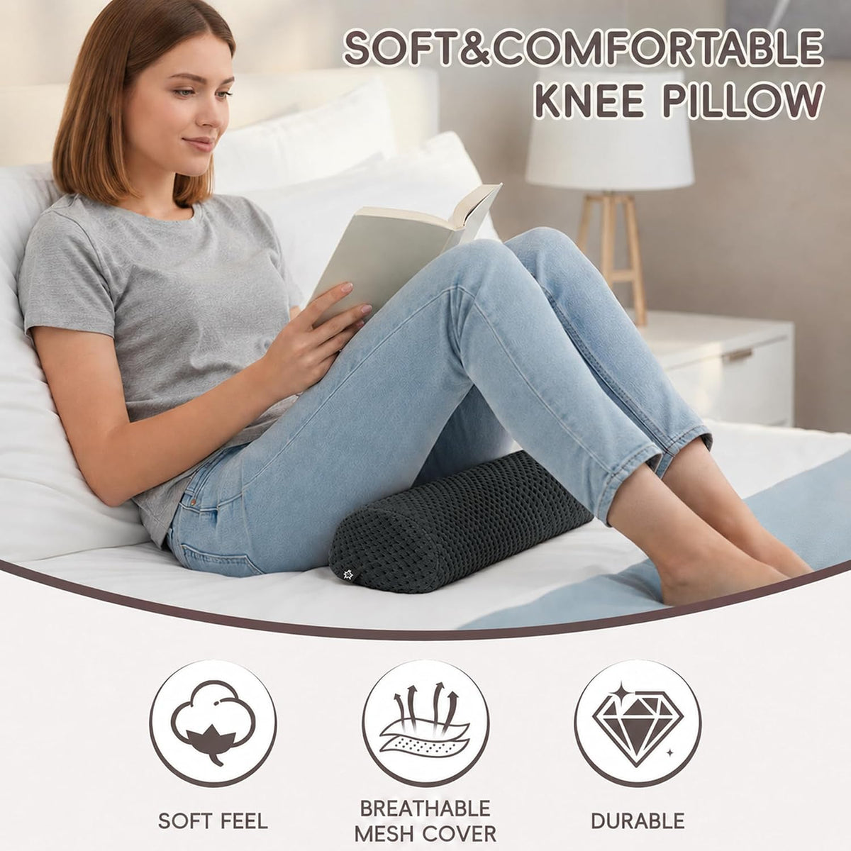Half Moon Bolster Knee Pillow for Back Sleeping Memory Foam Leg Pillow for Ankle and Foot Comfort Under Knee Pillow for Side Sleepers Machine Washable Cover(17" x 7.5" x 4.3")