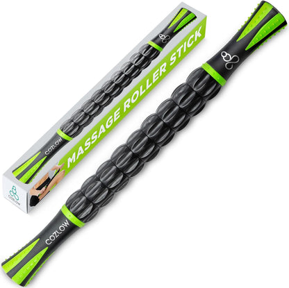 Muscle Roller Stick, Black Green, Hand Held Body Massager, 9 Rollers