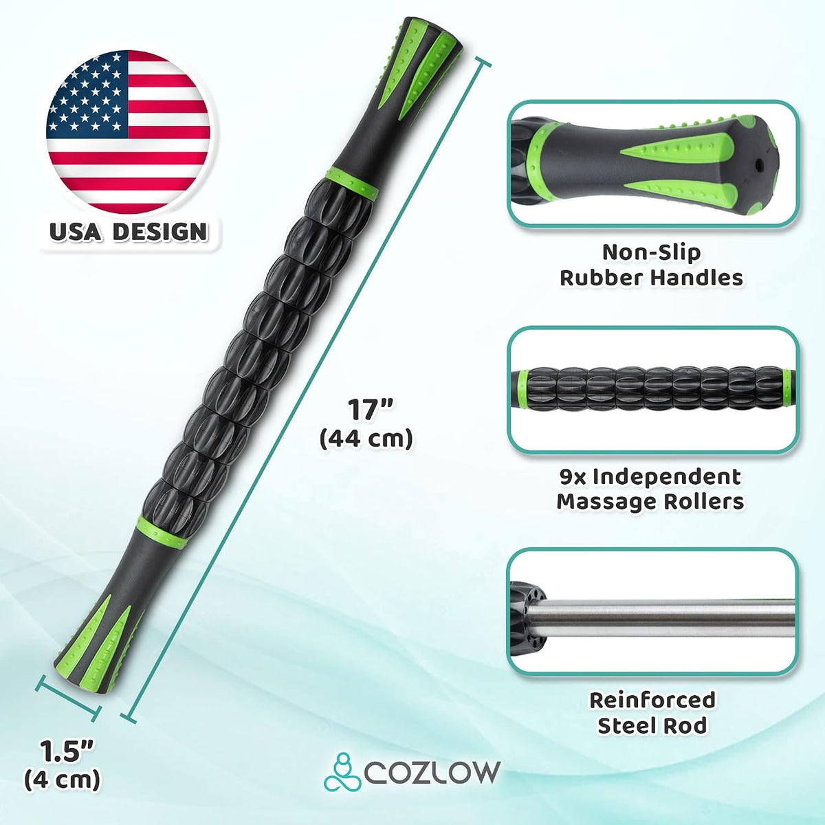Muscle Roller Stick, Black Green, Hand Held Body Massager, 9 Rollers