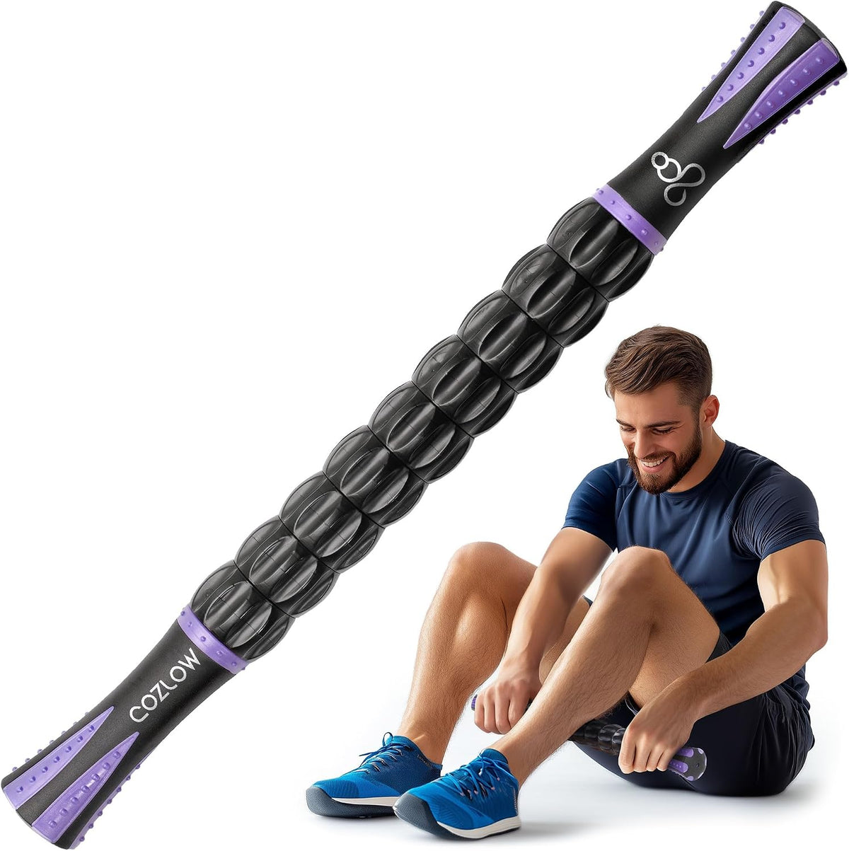 Muscle Roller Stick, Black Green, Hand Held Body Massager, 9 Rollers